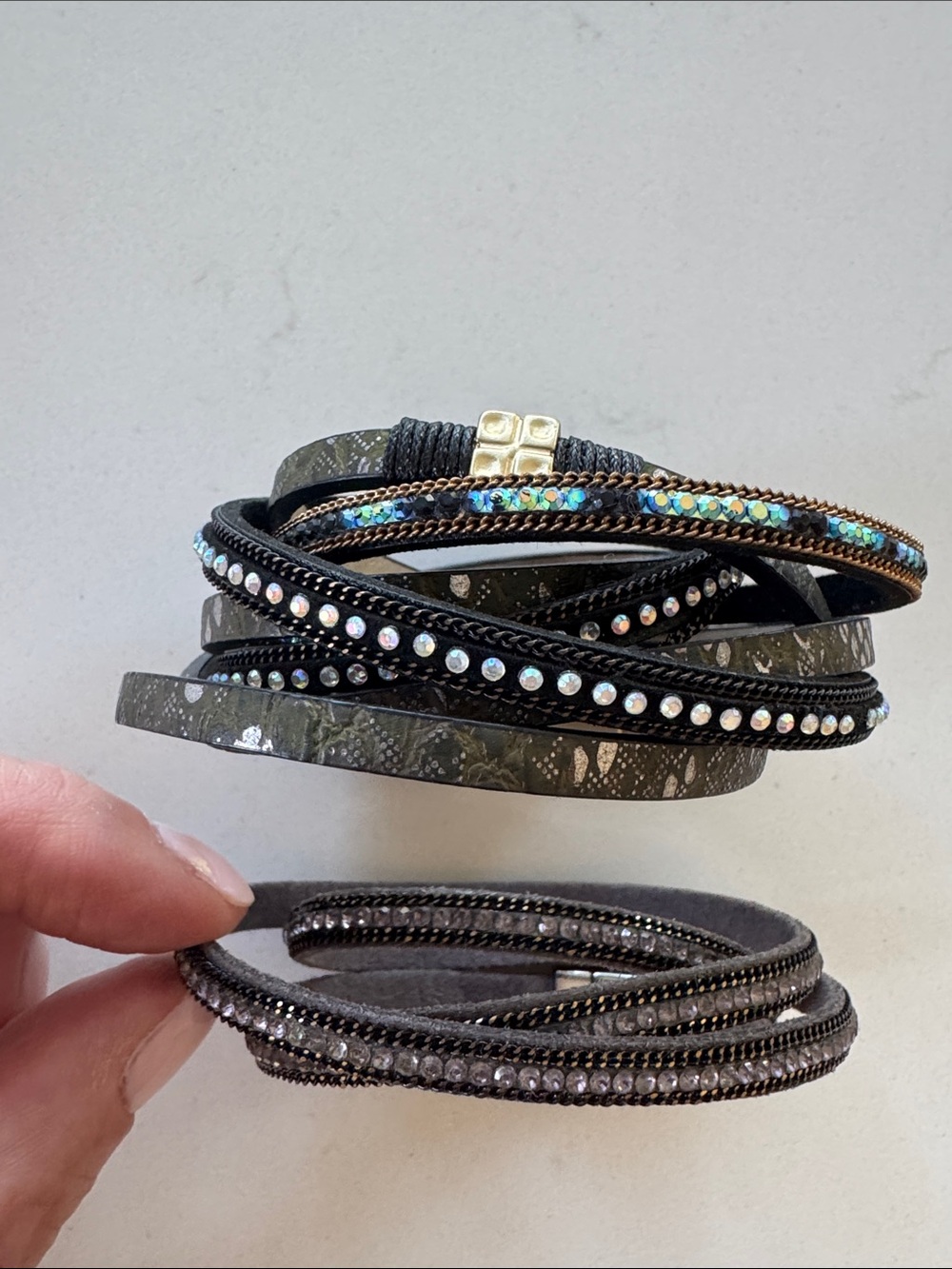 Layered Black & Grey Wrap Bracelets with Iridescent Rhinestones NWOT
